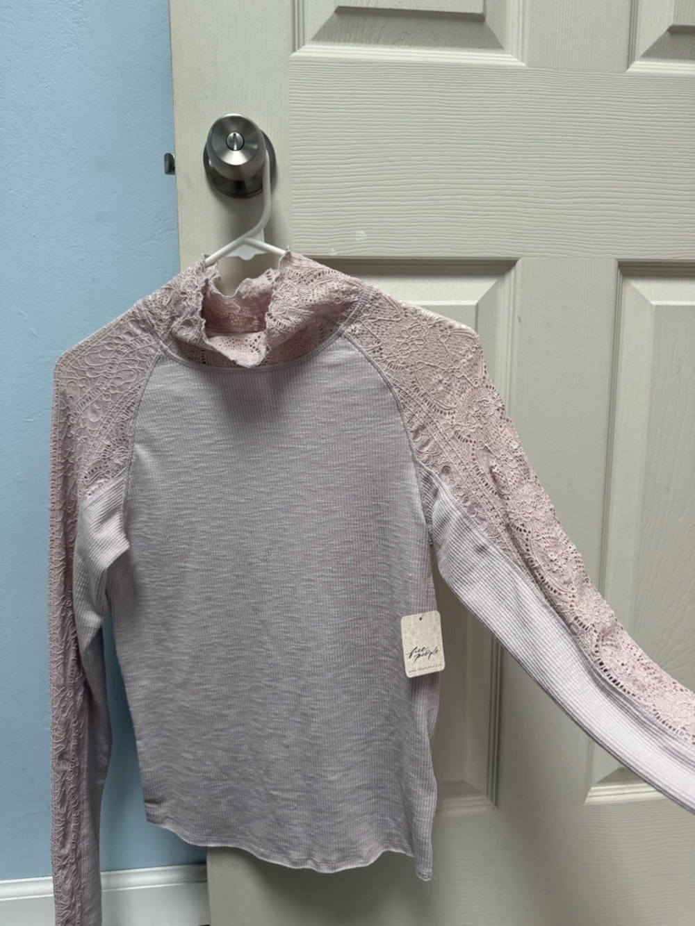 Free People Light Pink Lace Trim Long Sleeve Top